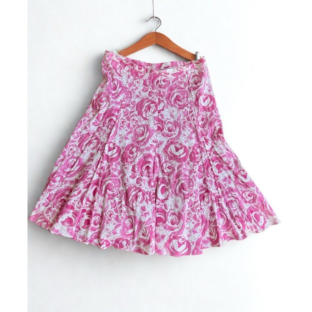 Hillard & Hanson Pink Floral Knee Length Flare Fairy Flirty Romantic Skirt 10